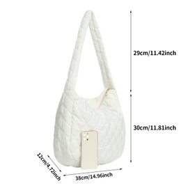 Women Large Puffy Tote Bag Quilted Down Cotton Padding Shoulder Bag Winter Warm Lightweight Handbag with Zip(White)