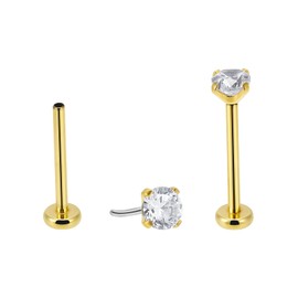 NewkeepsR 2PCS-0.8mm(20g) Titanium Gold Plated Press Fit Threadless Push Pop In Labret Lip Monroe Tragus Small Flatback Earring Studs W/2.5mm Round Cubic Zirconia