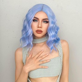 PORSMEER 14 Inches Blue Wig Short Curly Wig Bob Wig Middle Part for Women Girls Beach Wave Wigs for Daily Cosplay Costume Party,light blue
