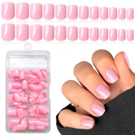 LuckForever Short Press on Nails 240pc Glossy Pink Press on Nails Short Square Round Fake Nails Full Cover 10 Sheets Nail Adhesive Tabs,Small Wooden Sticks and Nail Files False Nails for Women