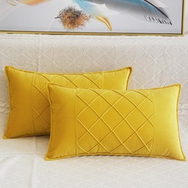 Lutanky Velvet Cushion Covers Dark Yellow Decorative Rectangle Throw Pillow Cases Patchwork Design Soft Pillow Covers for Sofa Bedroom Home Accessories 12x20 Inch 30 x 50 cm (Pack of 2)