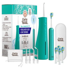GuruNanda Lion & Lamb Kit 2.0, Electric Toothbrush with Water Flosser Combo, 4 Jet Tips, 4 Brush Heads & IPX7 Waterproof Design for Complete Oral Care:_Teal