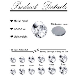Ofeiyaa 18 Pairs Magnetic Stud Earrings for Women Men Clip on No Piercing Magnet CZ Earrings Set Fake Earring Studs Jewelry 4-9MM