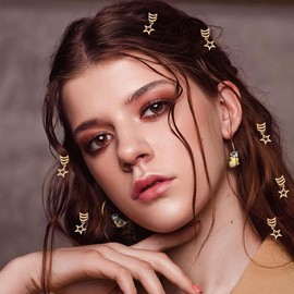 Hollow Five-pointed Star Hair Braids Hair Jewelry Cuffs Dreadlock Braids Pendants Clip Rings and Accessories for Women (Gold)