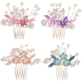 inSowni Paquete de 4 diamantes de imitación de metal dorado, perlas de mariposa, flores de boda, peines laterales, tocados, moño, accesorios para mujeres, niñas, novias, damas de honor