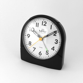 MPM analogue alarm clock made of plastic, black, snooze function, ascending alarm, night light function, Ouarz stepper motor, smooth running