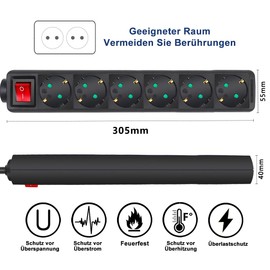 EXTRASTAR ExtraStar 6-Fach Steckdosenleiste mit Schalter und Kindersicherung,3M 3G1.5mm2 Kabel ,16A, 3680W, Mehrfachstecker f1rZuhause, B1ro und so weiter,Schwarz