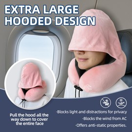 Travel Pillow with Extra Large Hood for Airplane Long Flights Privacy and Comfort Memory Foam with Velvet Cover for Road Trip Head&Neck Support for Plane Office Cars Sleeping & Rest (Pink)