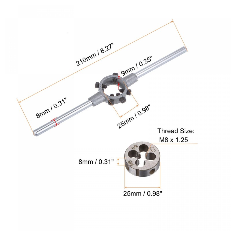 sourcing map Die Stock Handle Wrench Set, M8 x 1.25