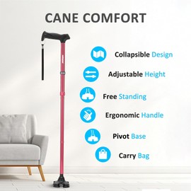 REHAND Walking Cane for Men & Women - Foldable, Adjustable, Lightweight, Self Standing Pivot Walking Cane, Soft Handle Grip, with Travel Bag, Walking Sticks for Seniors & Adults