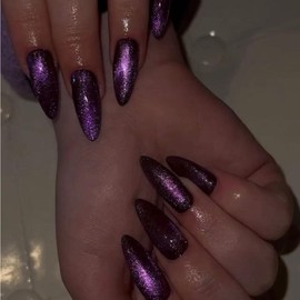 24 Pcs Dark Purple Press on Nails Short Almond - MINGCHUN Autumn Cat's Eye Fake Nails Press ons Nail Tips Glue on Nails with Glitter Design Full Cover False Nails Glue on Nails Nail Art Kit for Women