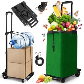 SELORSS BY02 2-in-1 Foldable Hand Truck Utility Cart, Portable Grocery Shopping Cart with Wheels and Removable Waterproof Bag, Collapsible Lightweight Large Capacity for Supermarket, Laundry, Camping - Colour: Black+green