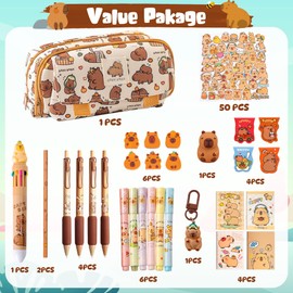 GwaOery 80PCS Capybara Stationery Gift Set Multifunctional Pencil Case Pouch Large Capacity Multi-Layer Case with Zip Include Capybara Pens Stickers Keyring for Office Kids Students School Supplies