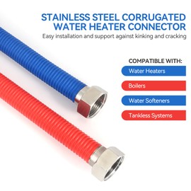 18Inch Flexible Stainless Steel Corrugated Water Heater Connector,3/4"FIP x 3/4"FIP,Flexible Water Heater Hose,Hot and Cold Color Code,304 Stainless Steel Connector and Pipe,PE Protective Layer2Pack
