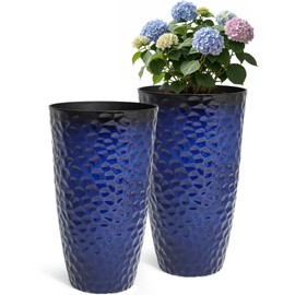 Ultym 23.75" H Large Tall Outdoor Planters, Set of 2 Plastic Large Flower Pots for Outdoor Plants, Gradient Cobalt Blue Honeycomb Textured, Weather-Resistant for Porch, Garden, Patio or Indoor Use