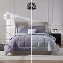 7 Pcs Reversible Bed in a Bag Set Two Tone Lightweight Comforter Set Cal.King Size Diamond-Pattern Stitching | Purple Lilac Gray Color All Seasons Aesthetic Bedding Farmhouse Hotel Luxury Look