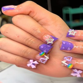 Duck Press on Nails Short Fake Nails with 5D Bow Charm Design Hearts Lollipop False Nails Rhinstone Star Stick on Nail Glossy Full Cover Purple Glue on Nail for Women Girls Manicure 24Pcs