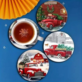 Unbranded Coasters 8pc Christmas Truck Themed Wooden Coasters Vintage Red Truck Design