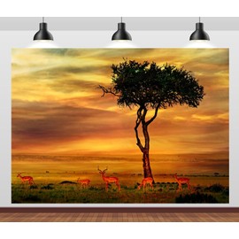 CORFOTO African Savannah Sunset Backdrop Fabric 7x5ft Tropical Wildlife Scenery Antelopes Wild Animals Background for African Safari Themed Birthday Party Decorations Events Safari Photobooth
