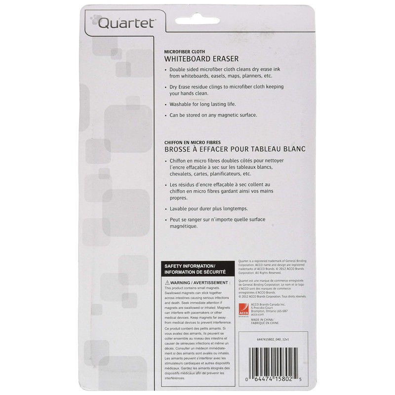 Quartet QRT15802 Whiteboard Cleaning Cloths-Magnetic, Washable, Reusable-Black-Microfiber