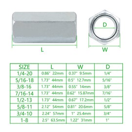 Bueyfolt Coupling Nuts, 1/2"-13 x 1-3/4", Zinc-plated Steel Rod Coupling Nuts 1/2 in.-13 TPI, 8-Pack