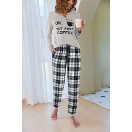 Ekouaer Pajamas Sets for Women's Long Sleeve with Plaid Pants Soft Loungewear Round Neck 2 Piece Autumn Winter Pjs Ladies Sleep Wear with Pockets