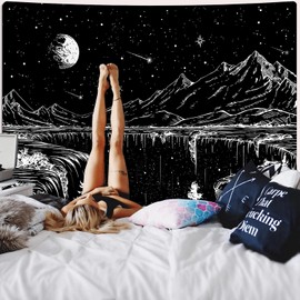 Simpkeely Schwarz-weiße Wandteppich Sternennacht Wandteppich Berg Wandteppich Mond Sterne Wandteppich für Schlafzimmer Wohnzimmer - 180cm x 230cm