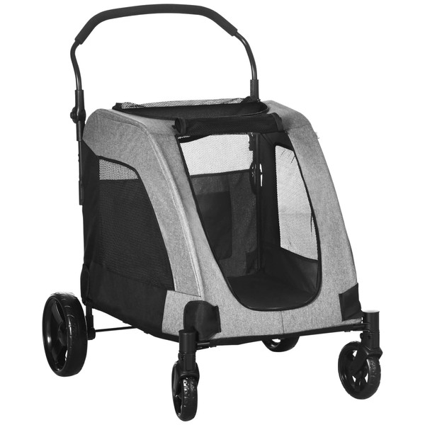 PawHut Pet Stroller Universal Wheel with Storage Basket Ventilated Foldable Oxford Fabric for Medium Size Dogs, Grey