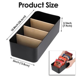 BSTKEY Seasoning Packet Organizer, Food Storage Organizer with Divided 4 Bamboo Wood Compartments, Black Plastic Storage Caddy for Pantry Cabinet, Kitchen Organization Bin for Snacks Spice Packets
