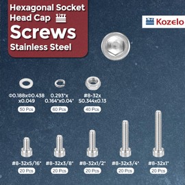 Kozelo 250pcs #8-32 Socket Head Cap Screws Bolts Nuts Assortment Kit - [5/16" to x1"] 304 Stainless Steel Allen Socket Drive for 3D Printer