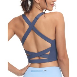 romansong Sujetadores deportivos de yoga con tirantes para mujer con espalda cruzada acolchada, Azul marino, M