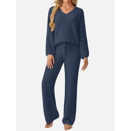 GKBK Womens 2 Piece Outfits Knit Sweater Sets Long Sleeve Loungewear Matching Lounge Set Sweatsuit Pullover Top and Wide Leg Pants 2025 Fall Travel Workout Sports Fashion Clothes Light Blue M