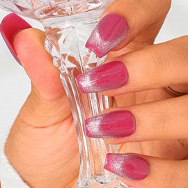 Sethexy French Cat Eye Handmade Fake Nails Medium Coffin Rose Red False Nails Acrylic Natural Glossy Press on Nails Salon Nails for Women and Girls 10PCS (B)