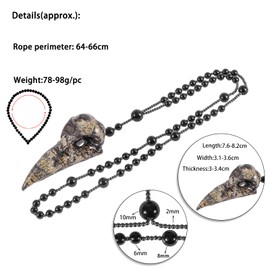 Nupuyai Carved Grass Flower Jasper Stone Raven Skull Necklace, Norse Viking Crow Skull Pendant Beaded Necklace for Men Women with Adjustable Cord