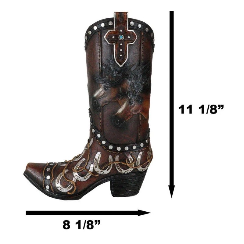 Rustic Western Running Horses Horseshoes And Cross Cowboy Boot Vase