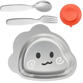 DGMI Stainless Steel Baby Plate, Stainless Steel Suction Plate, Kids Tableware with Spoon and Fork, Stainless Steel Baby Tableware Set for Kids (Dinosaur Design)
