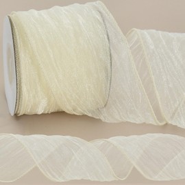 RIBBOOO 2.5 Inch Wired Ribbons Beige Organza Sheer Wired Ribbon Crinkle Sheer Ribbons for Christmas Tree Decoration Gift Wrapping Wreath Crafts Bows Flower Bouquet Wrap Home Decor (10 Yards)