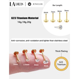 Flat Back Earrings Stud G23 Titanium Threadless Piercing Kit - Cartilage Earrings for Women Men - Hypoallergenic Tragus | Conch | Rook | Daith | Medusa | Lip | Labret | Nose Piercings Jewelry 18G 4Pcs Gold