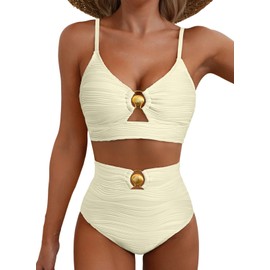 Herseas Women's Ribbed Bikini Set Spaghetti Strap Ring Decor V Neck 2 Piece Swimsuits High Waist 2025 Beach Outfits Bathing Suit Beige Large