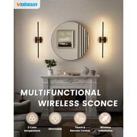 VOLISUN Battery Operated Wall Sconce Set of Two, Black Rechargeable Wall Lights with Remote Control, 3000K-6500K Dimmable Wall Lamp, 27.6 Inch LED Wireless Wall Lights for Bedroom, Living Room,Hallway