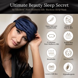 SILKSLEEK Eye Mask for Sleeping, 22 Momme Pure Mulberry Silk Sleep Mask Filled with 100% Pure Silk, Travel Essentials, Super Soft & Comfortable Blackout Eye Mask in Gift Box… (Navy Blue)