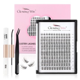 Glowing Win Individual Eyelash Extensions Set, 144 Pieces, Cluster Lashes Extension Kit with Lash Bond and Seal and Tweezers, Individual False Eyelashes, DIY Eyelash Extension, 8-16 mm, Natural Fake