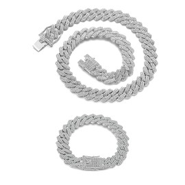 VOGLUX 2PCS Iced Out Cuban Link Chains Set for Men 14mm Fully Diamond Miami Cuban link bracelet for men (Silver, 8" Bracelet and 20" Necklace)