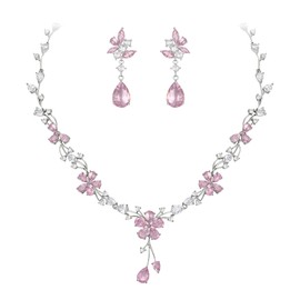 Ever Faith Bridal Jewlery Set for Wedding, Stunning Cubic Zirconia Teardrop Cluster Flower Banquet Neckalce Earrings Set for Women Pink Silver-Tone