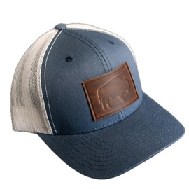 Bison Stamp Leather Patch Trucker Hat - Ox & Pine - Adjustable Snapback, Structured Mid-Profile Design (Navy/White, Nut Brown)