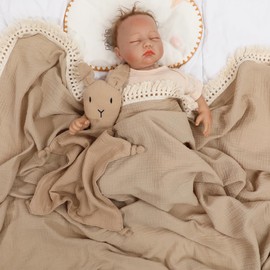runzhuoyang Cotton Muslin Baby Blanket with Tassel,Bunny Lovey Security Blanket,Soft Breathable Nursery Decor,Nursing Cover for Newborn Infant Toddler 47"x47"(Beige)