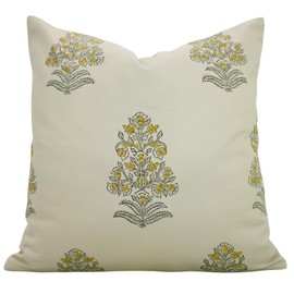 Fabritual Handmade Block Print Cotton Satin 14x14 Throw Pillowcase Cushion Cover, Home Décor, Living Room, Sustainable for Sofa and Couch, Fall Decoration, Floral Printed, Sikandar, Yellow