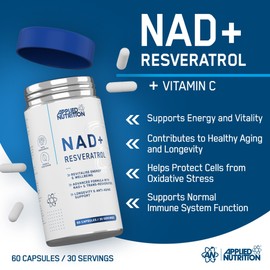 Applied Nutrition NAD+ Resveratrol 500mg per Serving with Vitamin C, Cellular Health, Energy and Healthy Aging Support, Antioxidant Supplement, 60 Capsules (30 Servings)