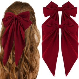 ATODEN Red Hair Bow Silky Satin Large Hair Bows 2Pcs Big Hair Bows Hair Ribbons Oversized Long Tail Bows Hair Barrettes Ribbon Metal Clips Bowknot Aesthetic Hair Clips Hair Accessories Christmas Gifts