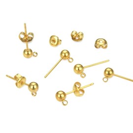 100pcs Hypoallergenic Earring Posts Stud Earrings 5mm Ball Post with Loops Earnut Backs Gold Plated Brass for Jewelry Making CF218-4